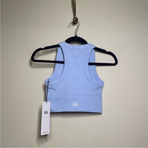 ALO Yoga Seamless Delight High Neck Bra Seashell Blue - Picture 3 of 8